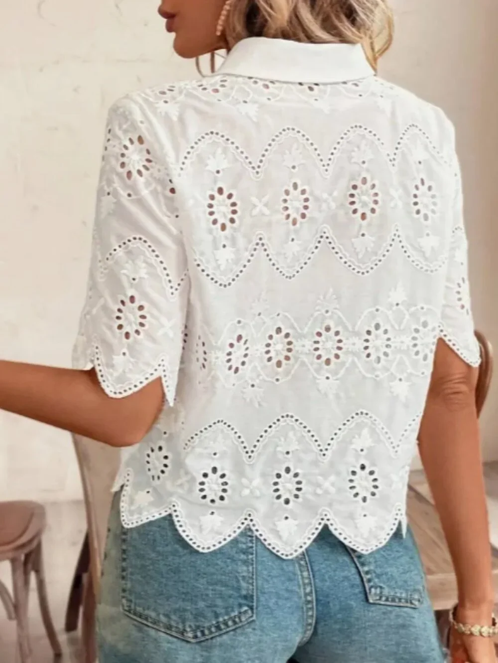 Women's Elegant White Short Sleeve Shirt Casual Polyester Blouse Top